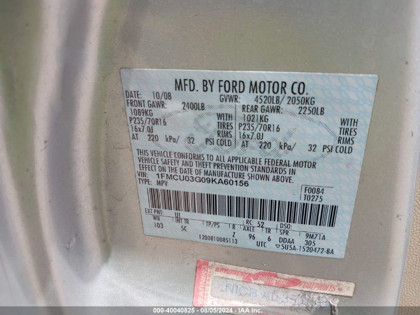 2009 Ford Escape Xlt VIN: 1FMCU03G09KA60156 Lot: 40040825