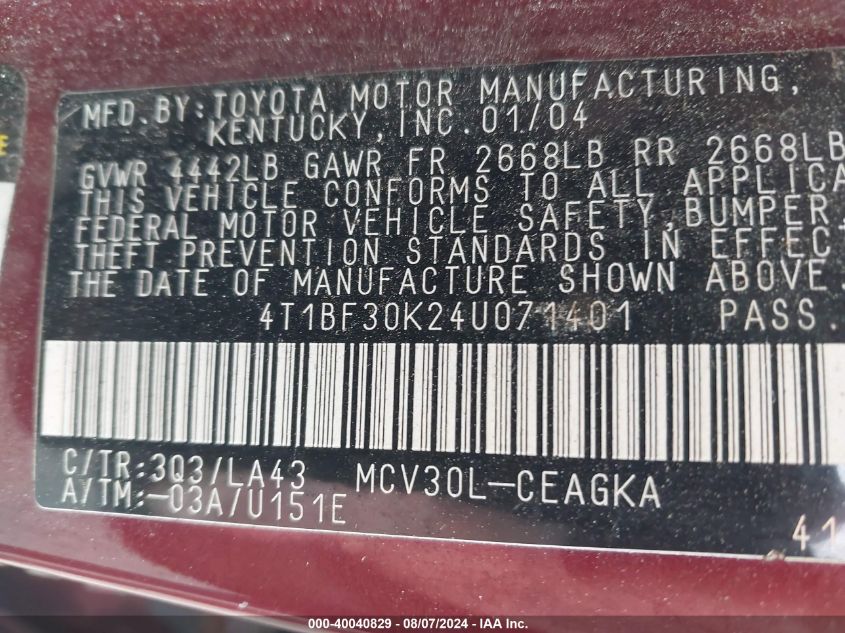 2004 Toyota Camry Xle V6 VIN: 4T1BF30K24U071401 Lot: 40040829