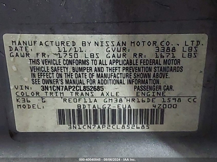 2012 Nissan Versa 1.6 Sl VIN: 3N1CN7AP2CL852685 Lot: 40040845