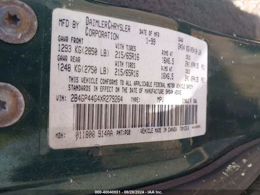 1999 Dodge Grand Caravan Se VIN: 2B4GP44G4XR279264 Lot: 40040851