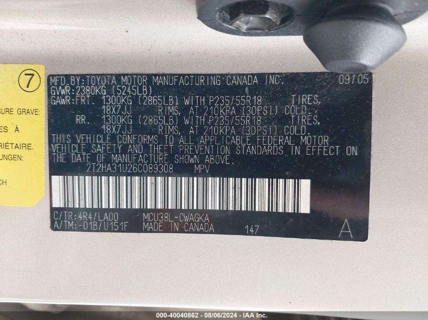 2006 Lexus Rx 330 VIN: 2T2HA31U26C089308 Lot: 40040862