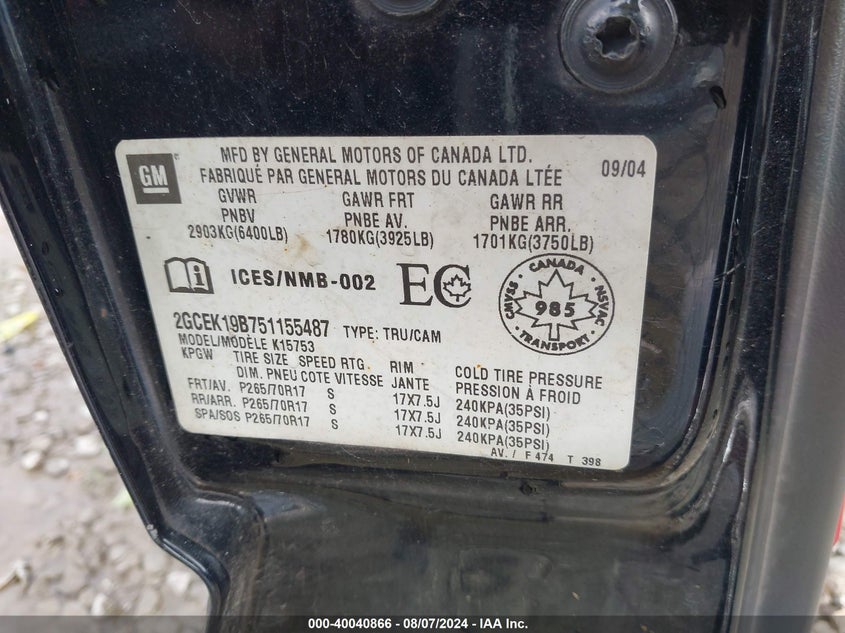 2005 Chevrolet Silverado 1500 Ls/Lt/Work Truck/Z71 VIN: 2GCEK19B751155487 Lot: 40040866