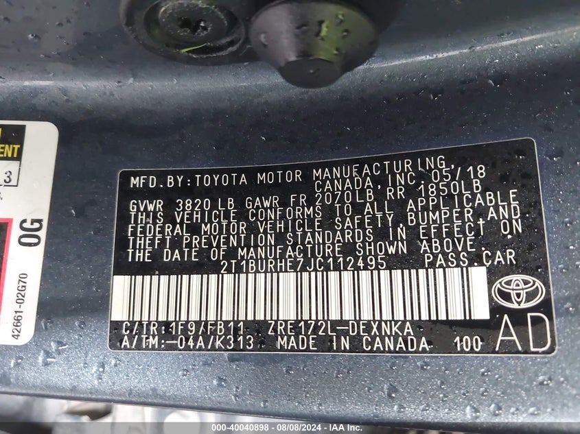 2018 TOYOTA COROLLA L/LE/XLE/SE/XSE - 2T1BURHE7JC112495