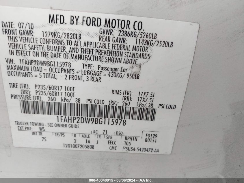 2011 Ford Taurus Se VIN: 1FAHP2DW9BG115978 Lot: 40040915