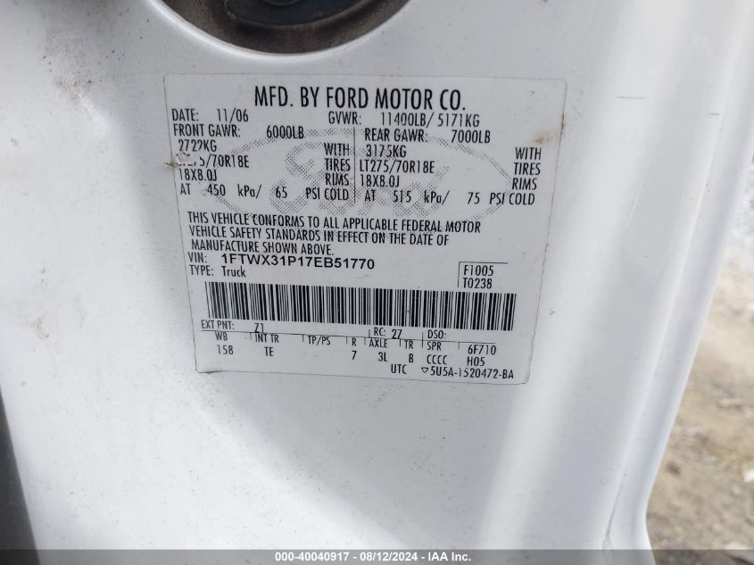 2007 Ford F-350 Lariat/Xl/Xlt VIN: 1FTWX31P17EB51770 Lot: 40040917