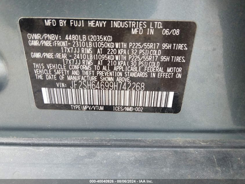 2009 Subaru Forester 2.5X Limited VIN: JF2SH64699H742268 Lot: 40040926