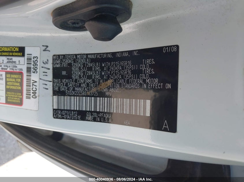 2008 Toyota Sienna Xle VIN: 5TDZK22C58S163725 Lot: 40040936