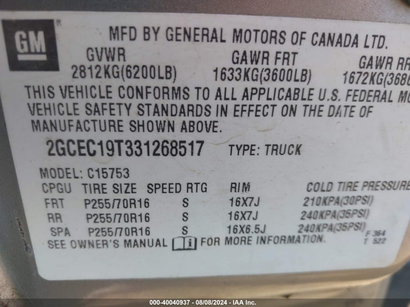 2003 Chevrolet Silverado 1500 Ls VIN: 2GCEC19T331268517 Lot: 40040937