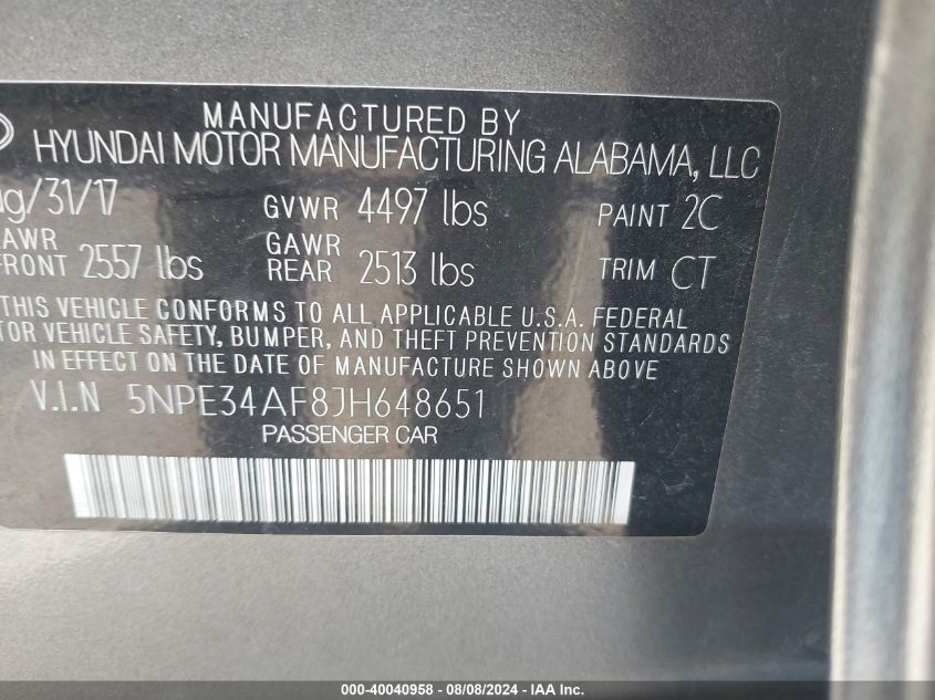 2018 Hyundai Sonata Sport VIN: 5NPE34AF8JH648651 Lot: 40040958