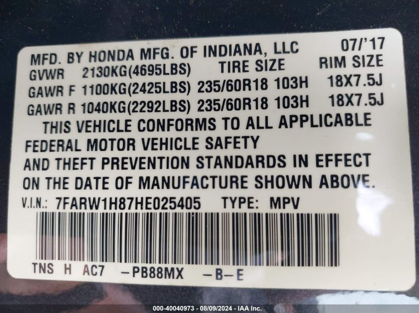 2017 Honda Cr-V Ex-L/Ex-L Navi VIN: 7FARW1H87HE025405 Lot: 40040973