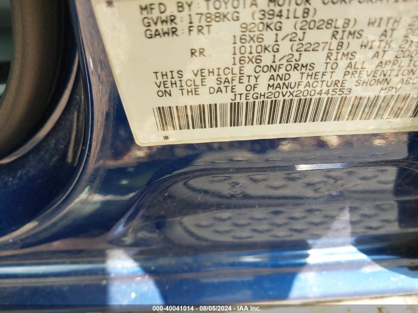 2002 Toyota Rav4 VIN: JTEGH20VX20044553 Lot: 40041014