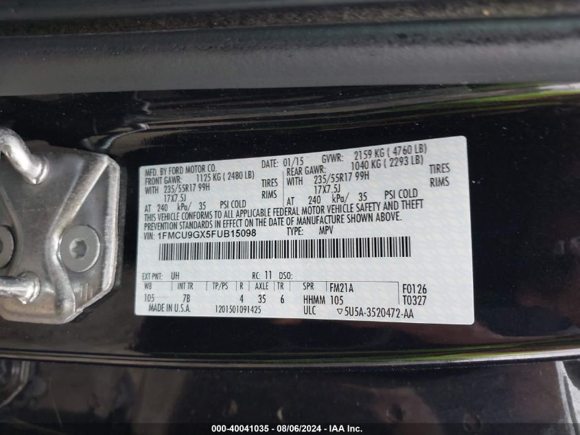 2015 Ford Escape Se VIN: 1FMCU9GX5FUB15098 Lot: 40041035