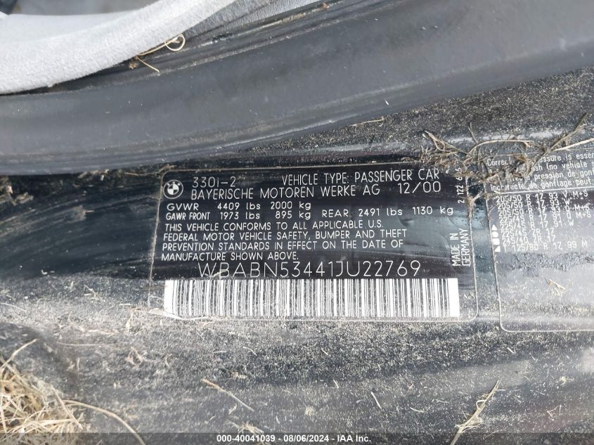 2001 BMW 330Ci Ci VIN: WBABN53441JU22769 Lot: 40041039