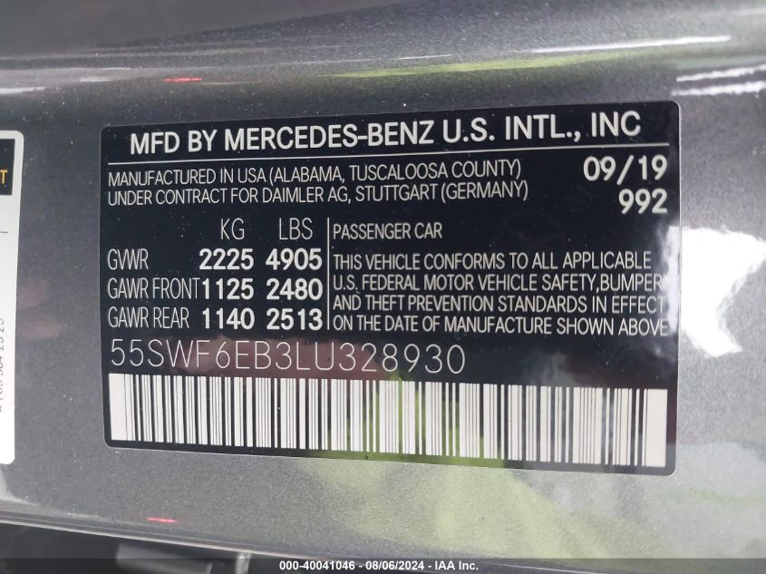 2020 Mercedes-Benz Amg C 43 4Matic VIN: 55SWF6EB3LU328930 Lot: 40041046