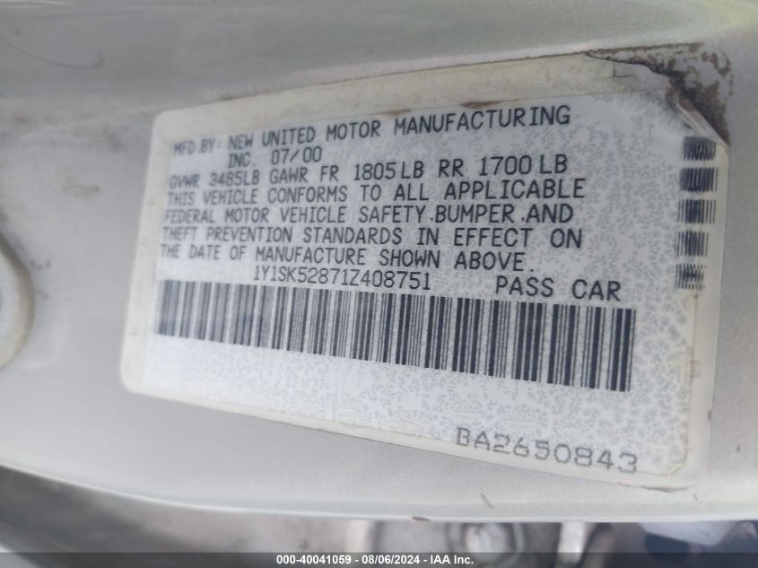 2001 Chevrolet Prizm VIN: 1Y1SK52871Z408751 Lot: 40041059