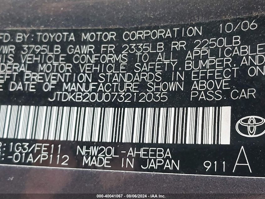2007 Toyota Prius VIN: JTDKB20U073212035 Lot: 40041067