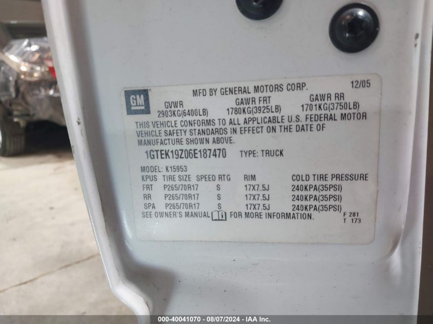 2006 GMC Sierra 1500 K1500 VIN: 1GTEK19Z06E187470 Lot: 40041070