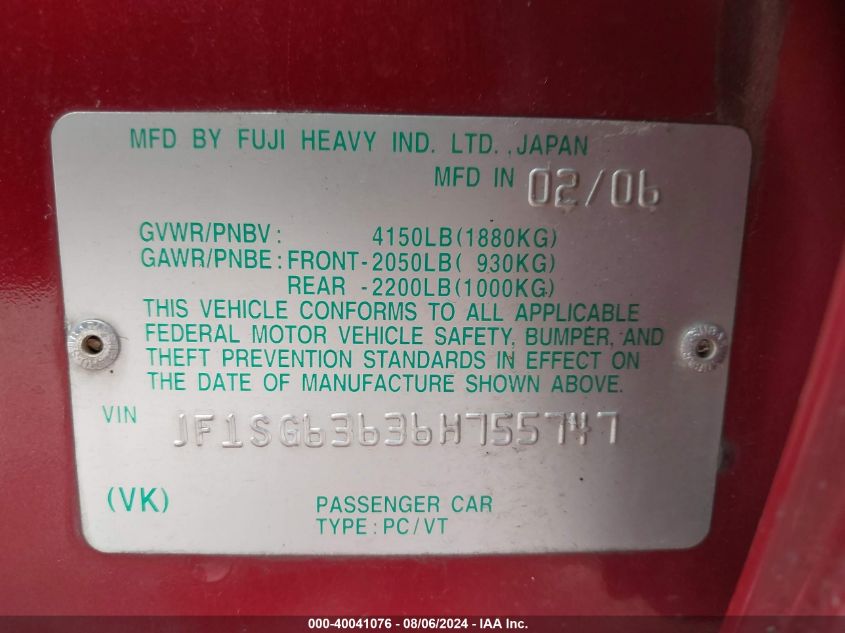 2006 Subaru Forester 2.5X VIN: JF1SG63636H755747 Lot: 40041076