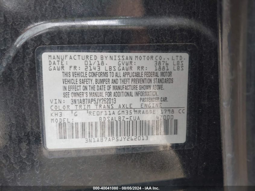 2018 Nissan Sentra S VIN: 3N1AB7AP5JY262013 Lot: 40041080