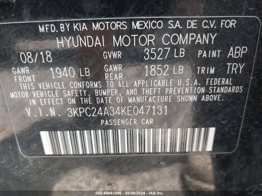 VIN 3KPC24A34KE047131 2019 HYUNDAI ACCENT SE