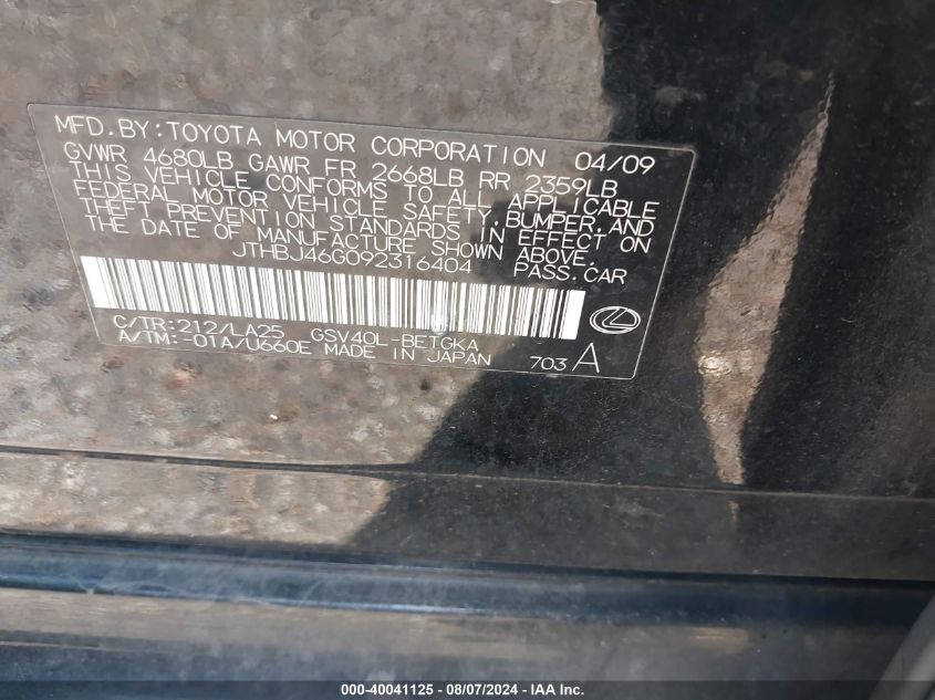 2009 Lexus Es 350 VIN: JTHBJ46G092316404 Lot: 40041125