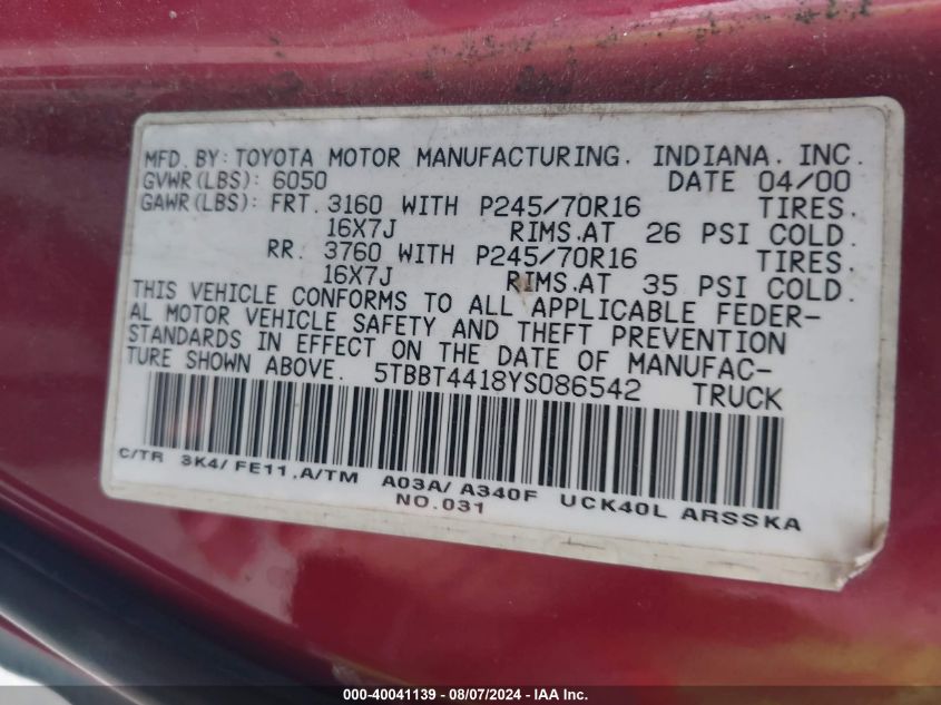 2000 Toyota Tundra Access Cab/Access Cab Sr5 VIN: 5TBBT4418YS086542 Lot: 40041139