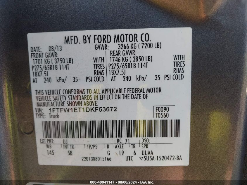 2013 FORD F-150 VIN: 1FTFW1ET1DKF53672