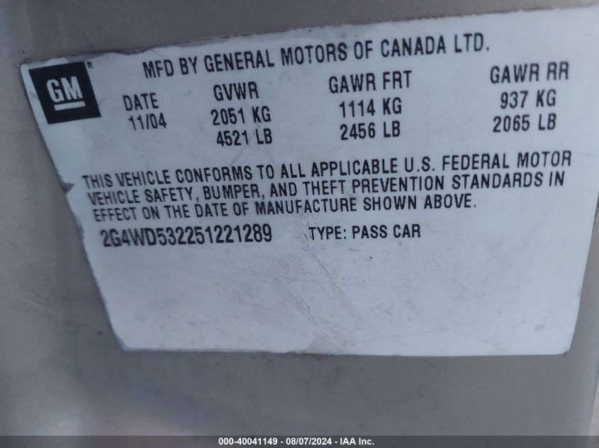 2005 Buick Lacrosse Cxl VIN: 2G4WD532251221289 Lot: 40041149