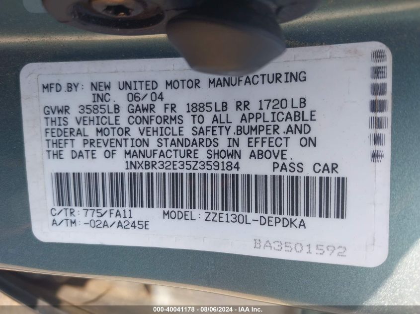 2005 Toyota Corolla Ce VIN: 1NXBR32E35Z359184 Lot: 40041178