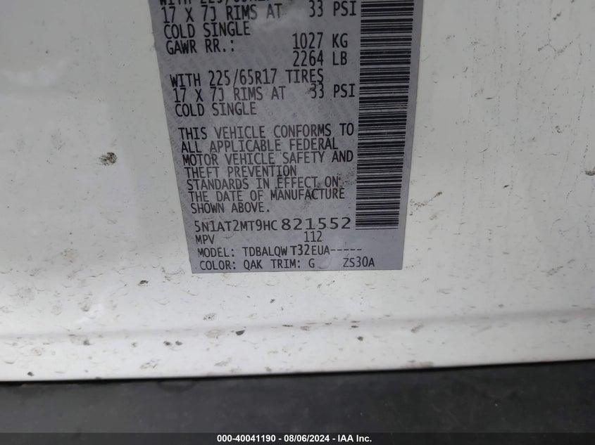 VIN 5N1AT2MT9HC821552 2017 NISSAN ROGUE SV