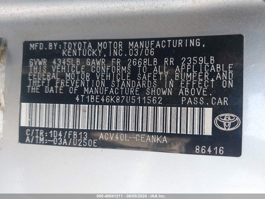 2007 Toyota Camry Le VIN: 4T1BE46K87U511562 Lot: 40041211