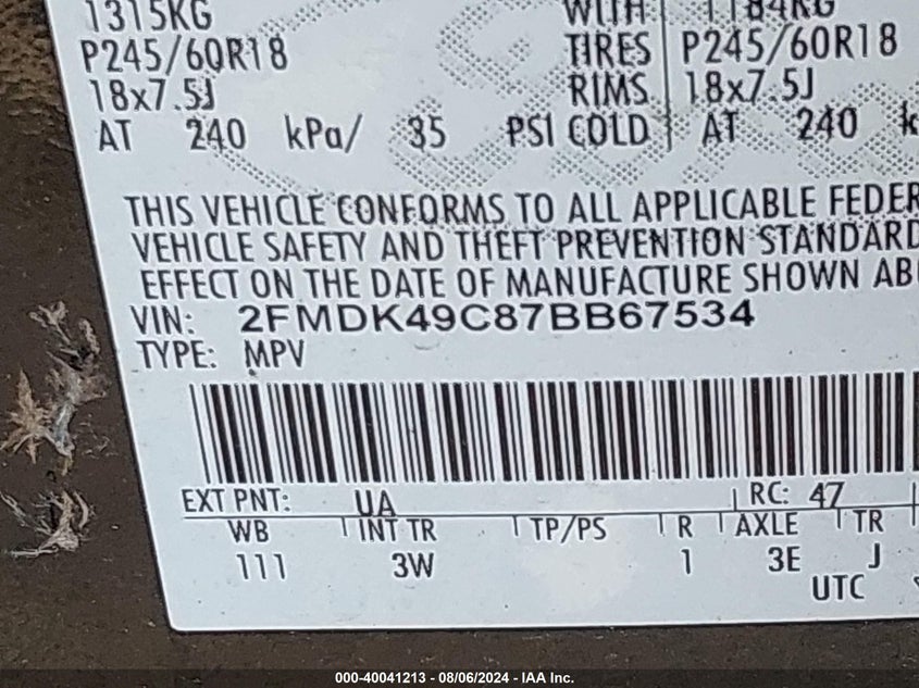 2007 Ford Edge Sel Plus VIN: 2FMDK49C87BB67534 Lot: 40041213