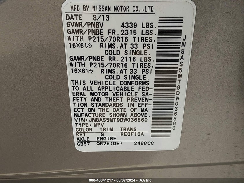 2013 Nissan Rogue S VIN: JN8AS5MT9DW036860 Lot: 40041217