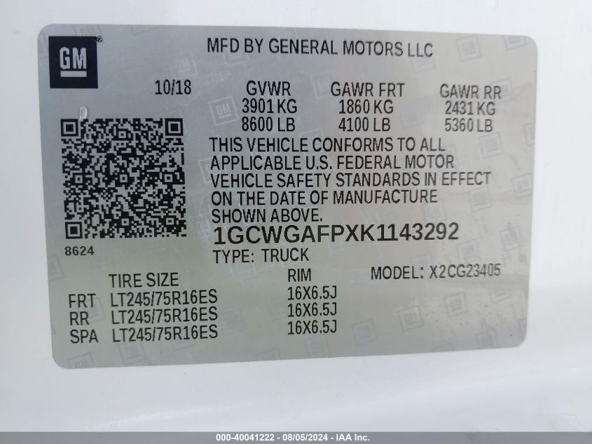 2019 Chevrolet Express 2500 Work Van VIN: 1GCWGAFPXK1143292 Lot: 40041222