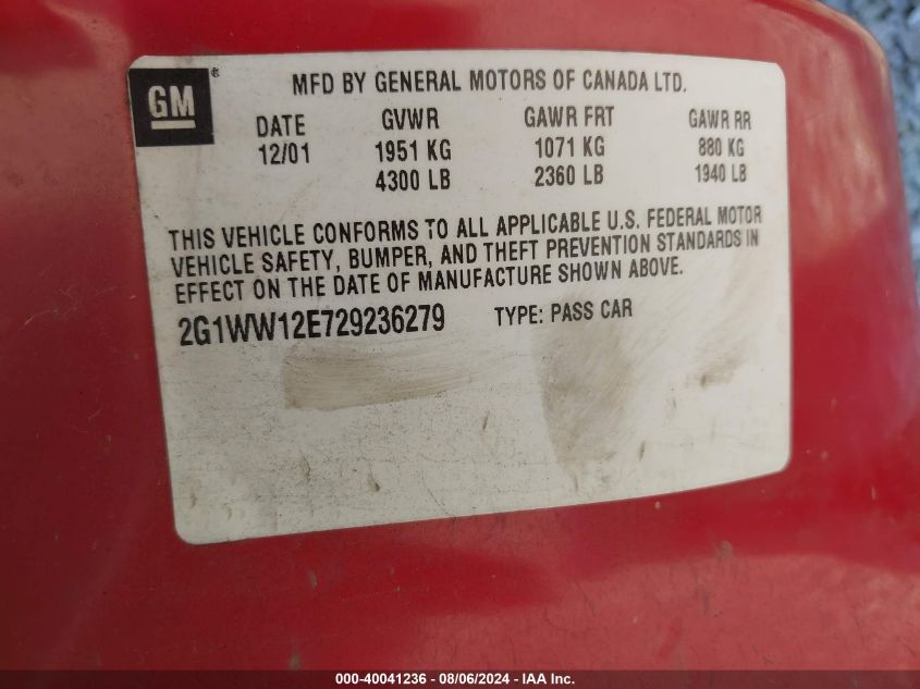 2002 Chevrolet Monte Carlo Ls VIN: 2G1WW12E729236279 Lot: 40041236