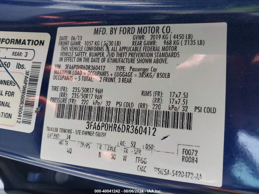2013 Ford Fusion Se VIN: 3FA6P0HR6DR360412 Lot: 40041242