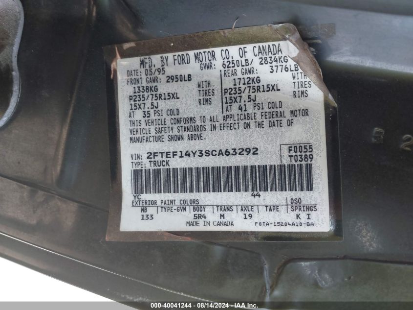 1995 Ford F150 VIN: 2FTEF14Y3SCA63292 Lot: 40041244