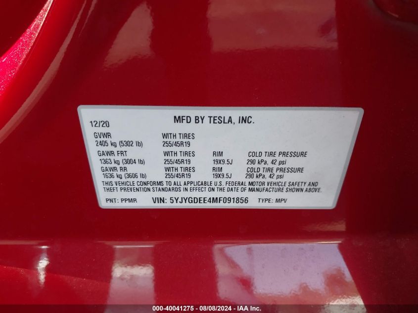 2021 Tesla Model Y Long Range Dual Motor All-Wheel Drive VIN: 5YJYGDEE4MF091856 Lot: 40041275