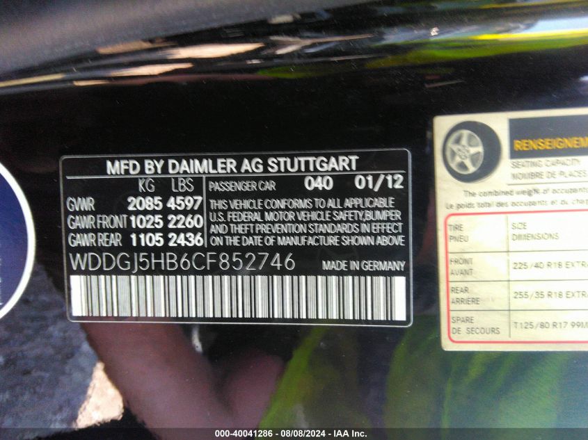 2012 Mercedes-Benz C 350 Sport VIN: WDDGJ5HB6CF852746 Lot: 40041286