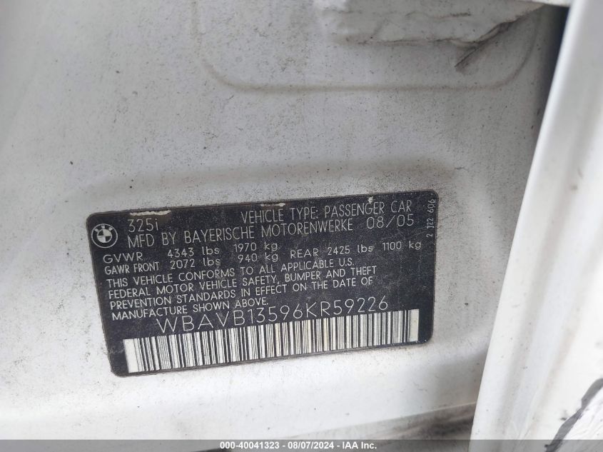 2006 BMW 325I VIN: WBAVB13596KR59226 Lot: 40041323