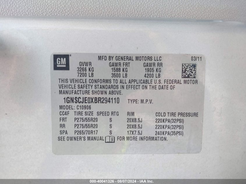 2011 Chevrolet Suburban 1500 Lt1 VIN: 1GNSCJE0XBR294110 Lot: 40041326