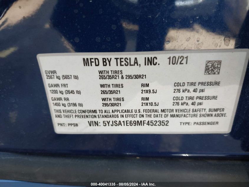 2021 Tesla Model S Plaid Tri Motor All-Wheel Drive VIN: 5YJSA1E69MF452352 Lot: 40041335