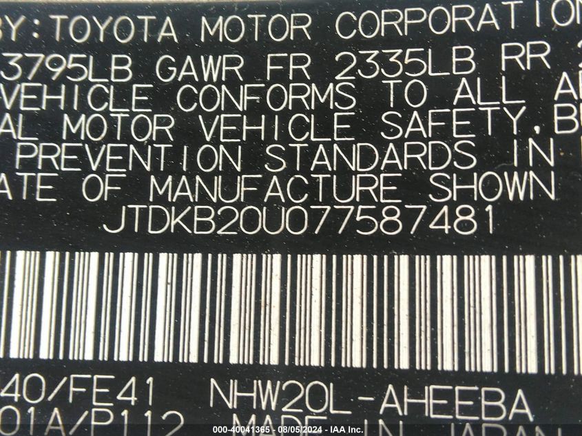 2007 Toyota Prius VIN: JTDKB20U077587481 Lot: 40041365