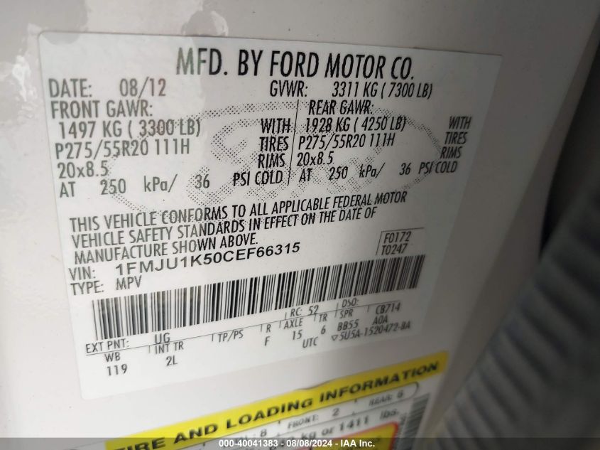 2012 Ford Expedition Limited VIN: 1FMJU1K50CEF66315 Lot: 40041383