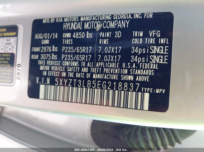 2014 Hyundai Santa Fe Sport 2.4L VIN: 5XYZT3LB5EG218837 Lot: 40041388