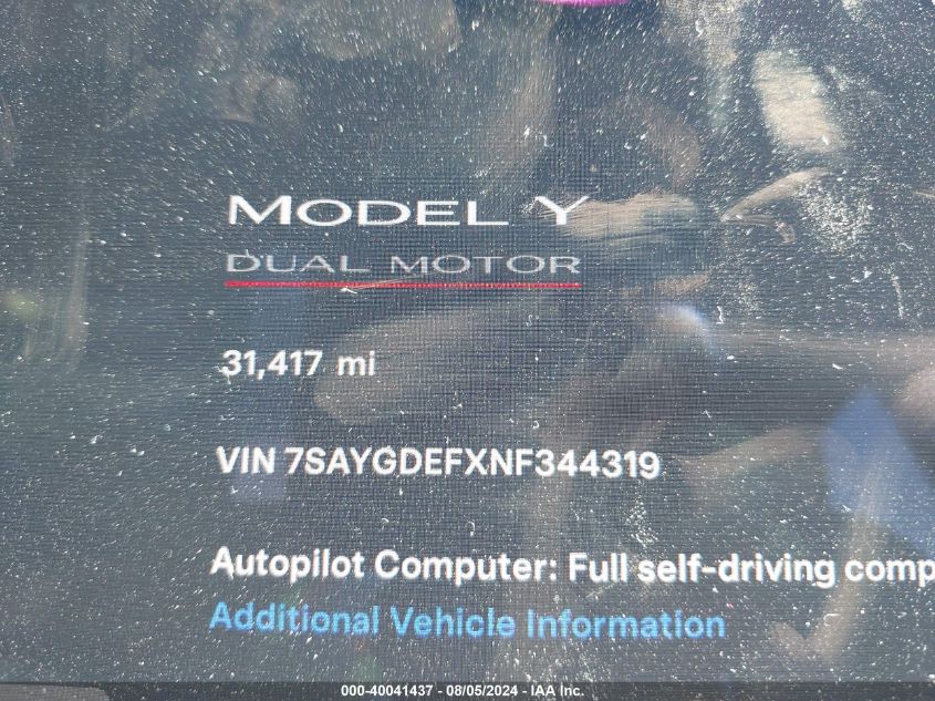 2021 Tesla Model Y Long Range Dual Motor All-Wheel Drive VIN: 5YJYGDEEXMF192397 Lot: 40041437