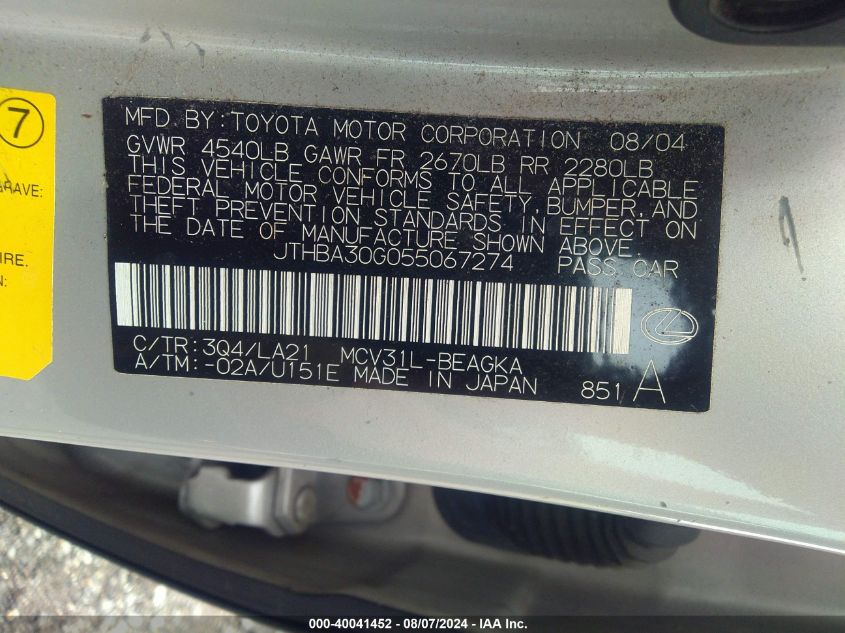 2005 Lexus Es 330 VIN: JTHBA30G055067274 Lot: 40041452