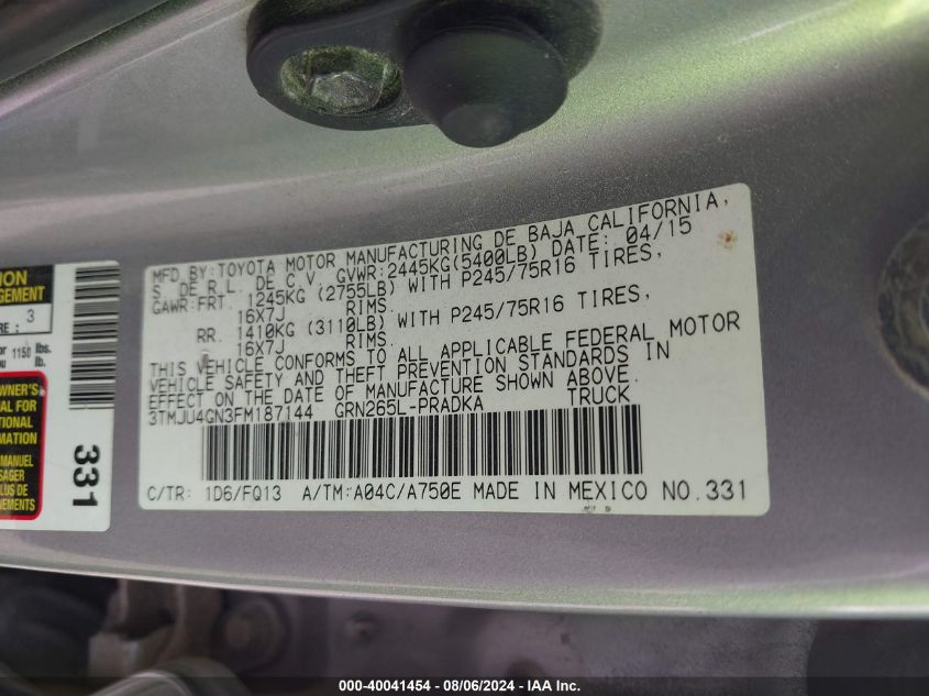 2015 Toyota Tacoma Prerunner V6 VIN: 3TMJU4GN3FM187144 Lot: 40041454