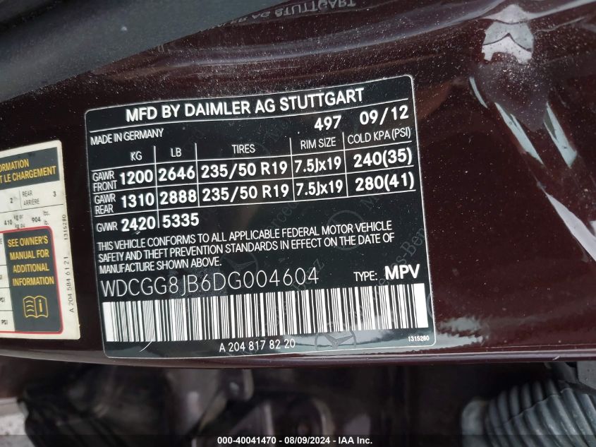 2013 Mercedes-Benz Glk 350 4Matic VIN: WDCGG8JB6DG004604 Lot: 40041470