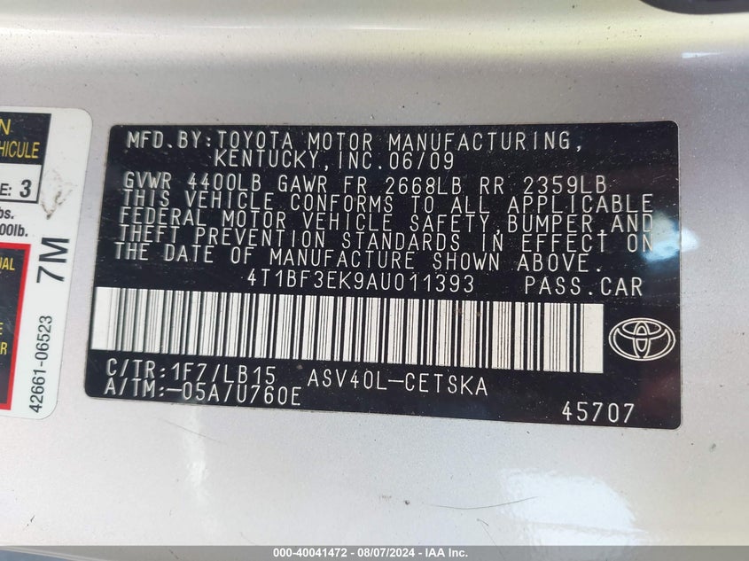 2010 Toyota Camry Se VIN: 4T1BF3EK9AU011393 Lot: 40041472